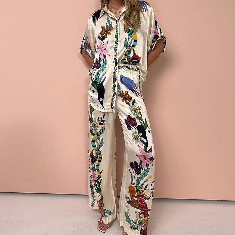 Conjunto informal de pantalones anchos con cintura elástica y bolsillo para mujer, ropa de verano con estampado multicolor