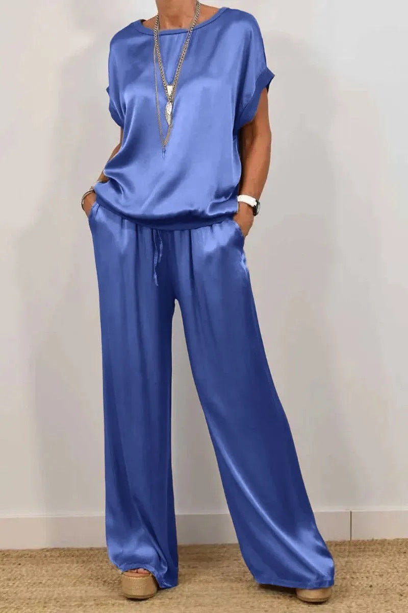 Conjuntos casuales de dos piezas con camisa holgada y pantalones anchos de tendencia primavera-verano