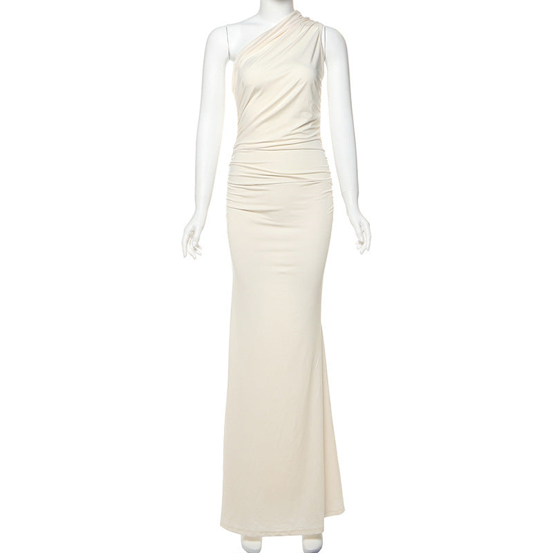 Vestido elegante de invierno para mujer, con hombros oblicuos y un solo hombro, de color liso, ajustado y adelgazante.