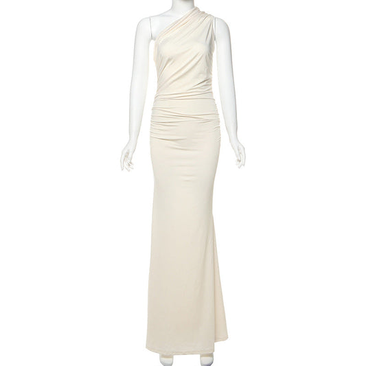 Winter Women Clothing Elegant Oblique Shoulder Single Shoulder Solid Color Slim Slimming Dress