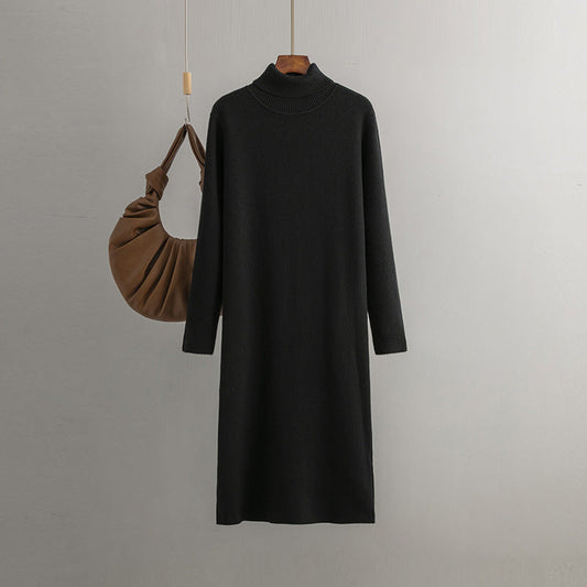 Vestido de punto para mujer, otoño invierno, largo medio, suelto, cuello alto, color liso, base de suéter.