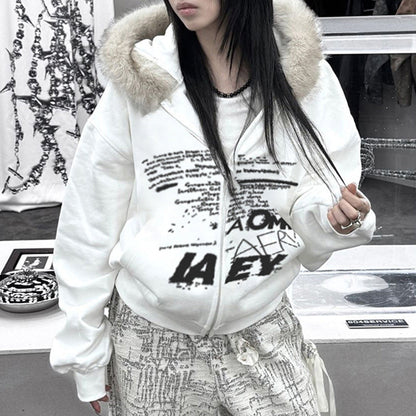 Cárdigan con capucha y costuras peludas con estampado gráfico de letras sencillas retro para otoño e invierno, sudadera térmica de terciopelo