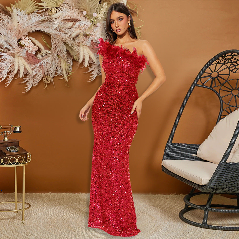 Black Paillette Feather Stitching Sequin Sexy Evening Dress Maxi Dress for Women