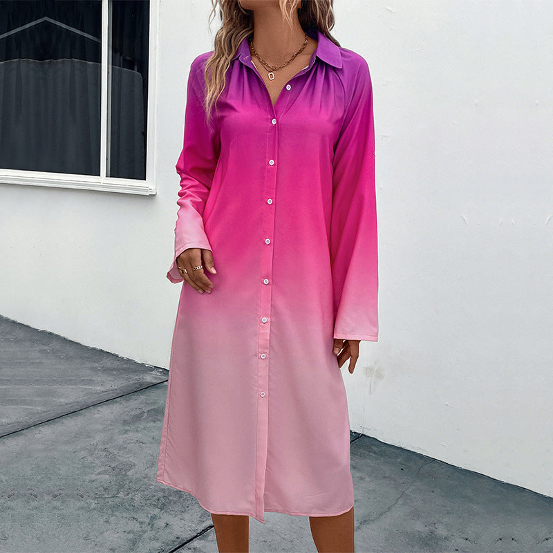 Vestido camisero degradado de manga larga para mujer de otoño