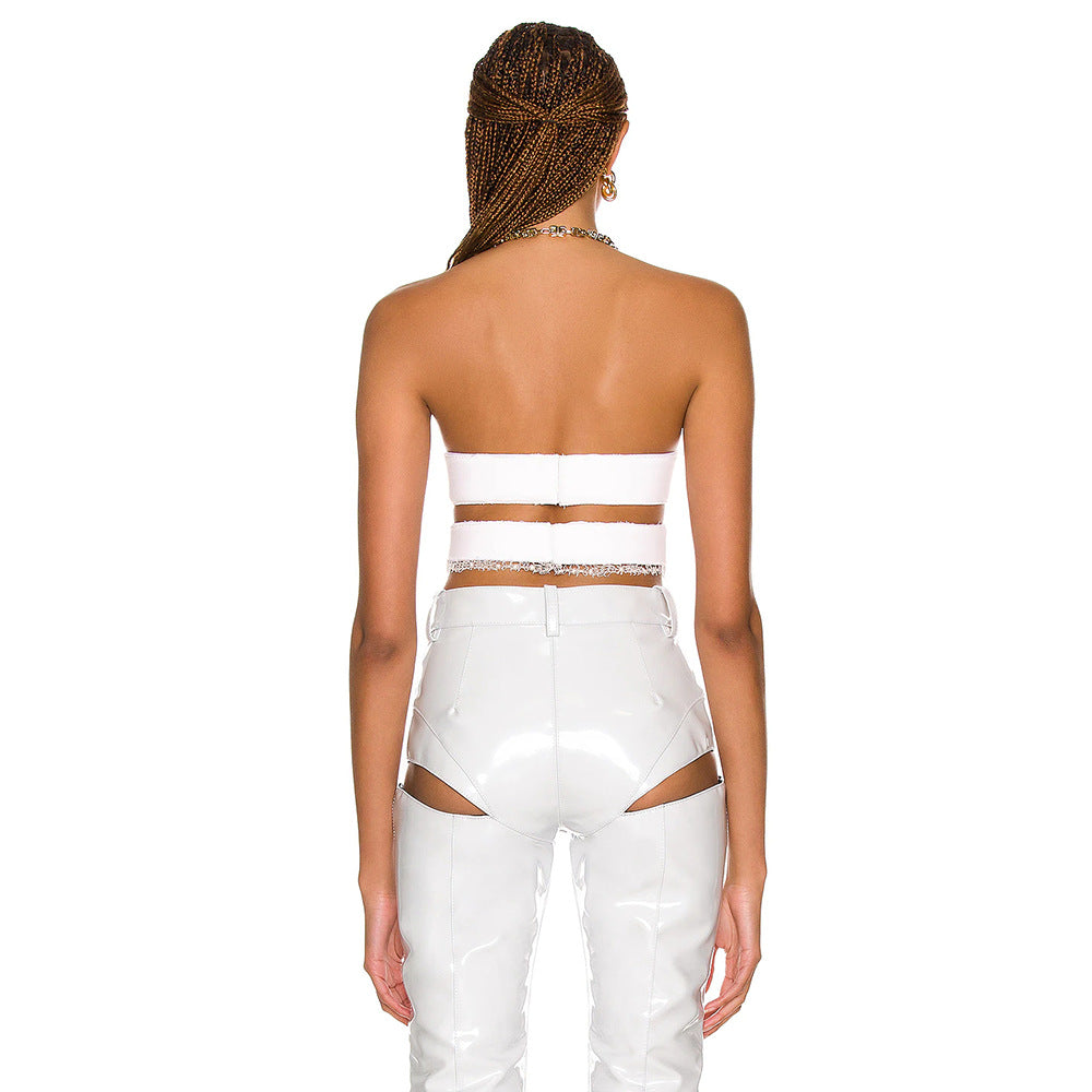 Blusa blanca de encaje elástico bajo con cuello de encaje, pantalones abiertos de cuero sintético con aberturas, conjunto sexy elástico de dos piezas, traje informal