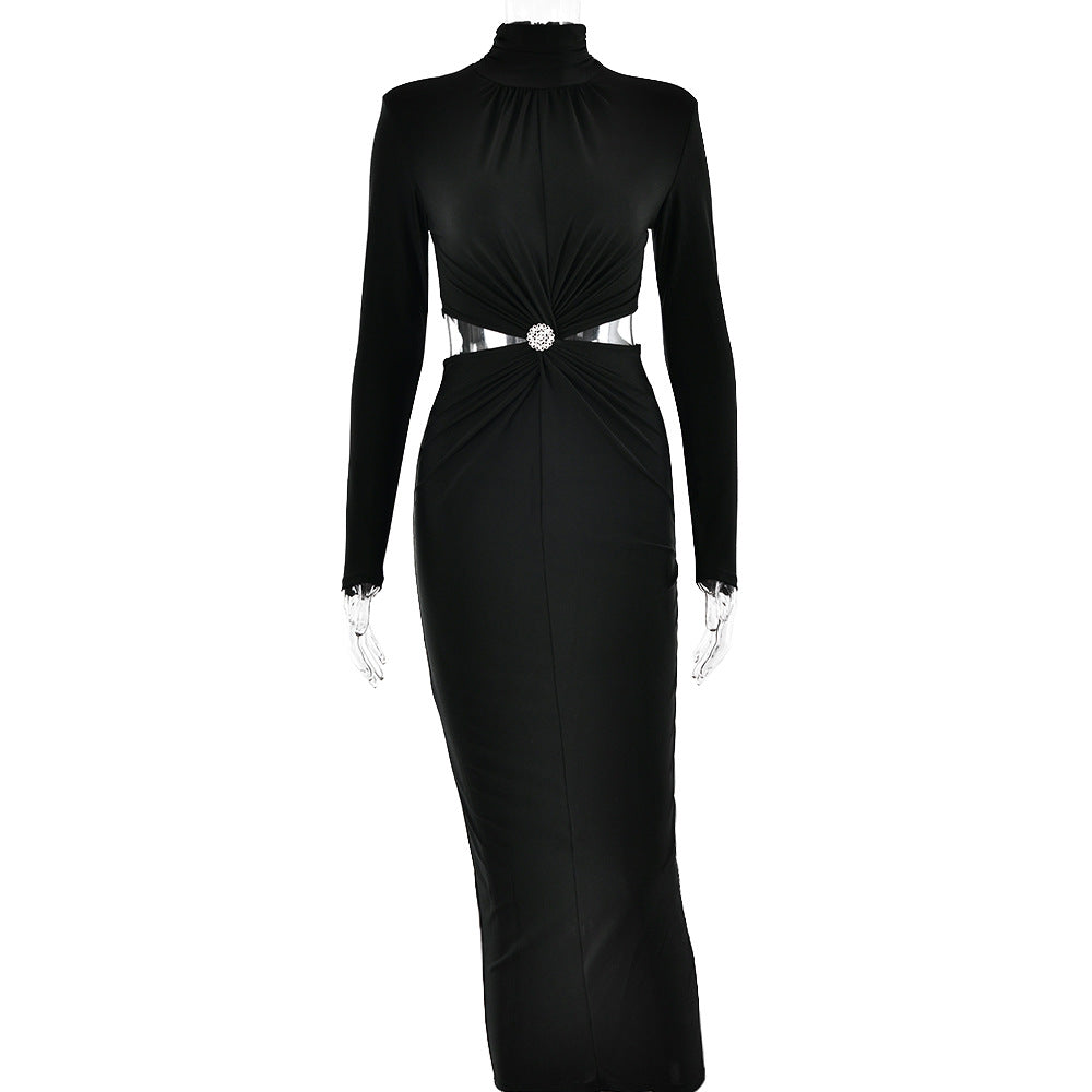 Vestido plisado sexy de manga larga con cuello medio alto y costuras para mujer, sin espalda, para invierno