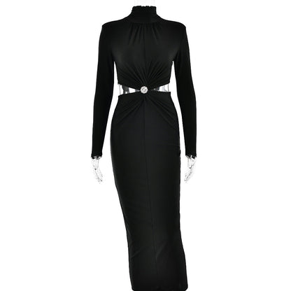 Vestido plisado sexy de manga larga con cuello medio alto y costuras para mujer, sin espalda, para invierno