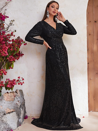 Vestido de noche de fiesta con escote en V y mangas largas con lentejuelas y abertura en la cola de pez