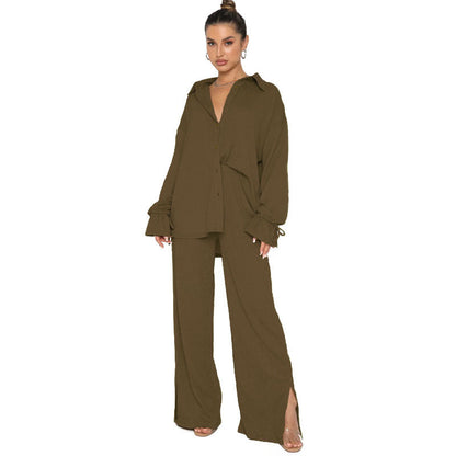 Traje de pantalón elegante para mujer, top de manga larga con lazo y cuello polo de color liso para otoño e invierno
