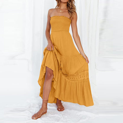 Vestido ceñido de color liso con dobladillo superior tipo tubo, largo, sin mangas, estilo retro bohemio y cintura.