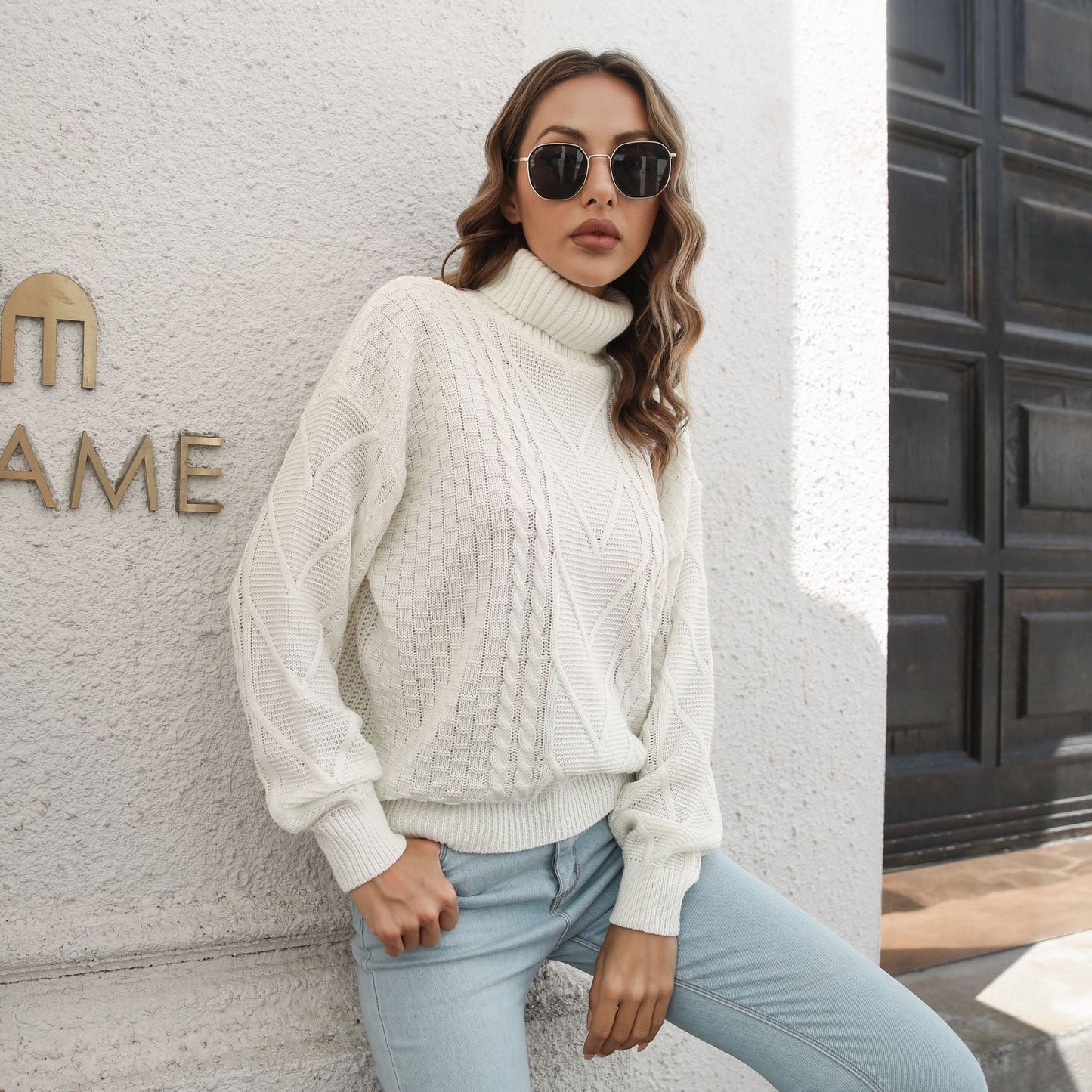 Suéter de cuello alto tridimensional para mujer, suéter holgado de manga larga para otoño e invierno.