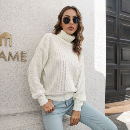 Suéter de cuello alto tridimensional para mujer, suéter holgado de manga larga para otoño e invierno.