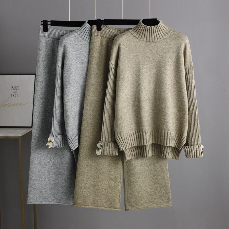 Conjunto de dos piezas de jersey de cuello alto y manga larga para mujer, traje de punto de otoño e invierno, ropa exterior gruesa y holgada.