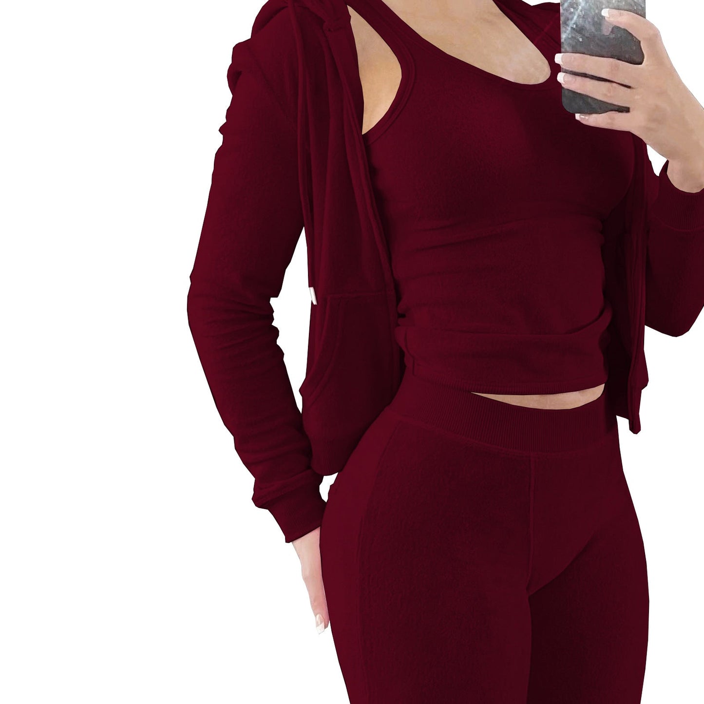 Conjunto de tres piezas de chaleco con capucha de felpa para otoño e invierno de International Station para mujer