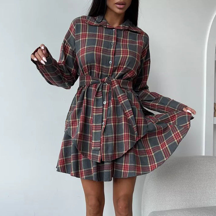 Casual Check Skirt Set Women Collared Loose Shirt Lace up Pleated Skirt Two Piece Set