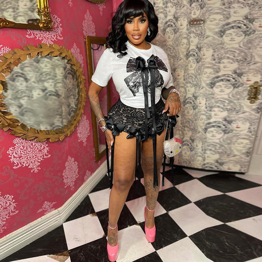 Conjunto de top holgado con estampado de mariposas en 3D sexy y pantalones cortos de encaje a la moda para mujer