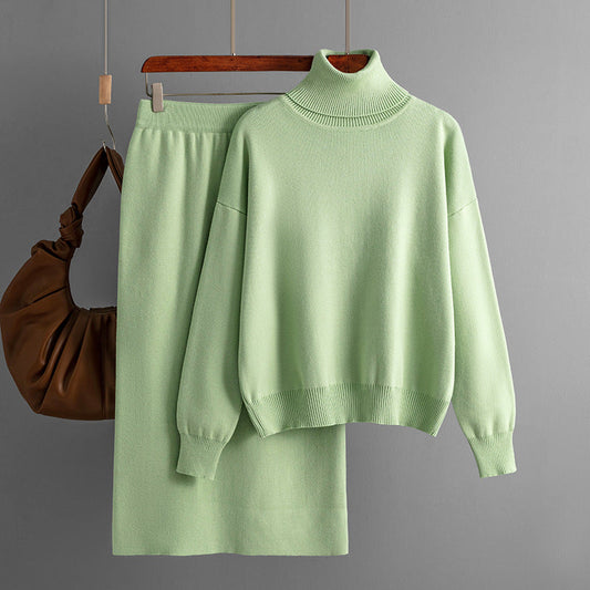 Conjunto de dos piezas de jersey de cuello alto y falda tubo de color liso para otoño e invierno, traje de punto para mujer
