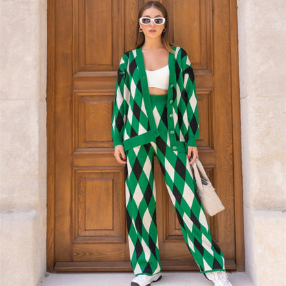 Cárdigan de punto con rombos abstractos geométricos para mujer, suéter informal holgado de una sola botonadura, pantalones de dos piezas para otoño e invierno