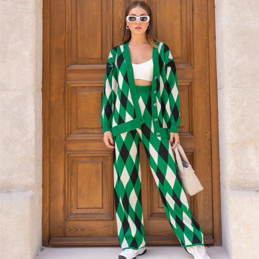Cárdigan de punto con rombos abstractos geométricos para mujer, suéter informal holgado de una sola botonadura, pantalones de dos piezas para otoño e invierno