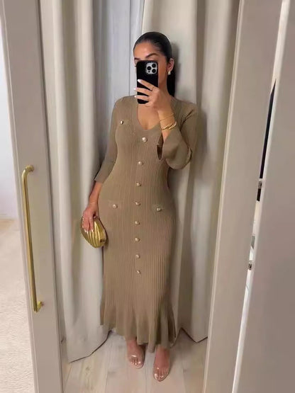 Vestido de punto de manga larga ajustado y adelgazante para otoño e invierno