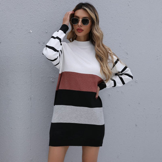 Vestido tipo suéter largo de punto a la moda para mujer, otoño e invierno, con colores a juego