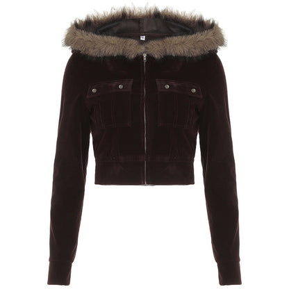 Chaqueta tipo cárdigan con capucha y cremallera con costuras de piel para mujer, diseño de bolsillo, abrigo de terciopelo sexy de color liso para otoño e invierno.