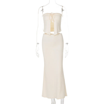 Conjunto de ropa de primavera para mujer, top corto ajustado con costuras sexys y escote en V, falda larga