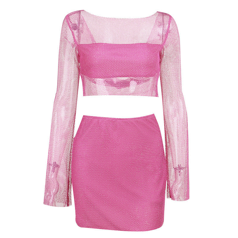 Conjunto de falda de dos piezas con top de lentejuelas y manga larga de malla sexy para mujer