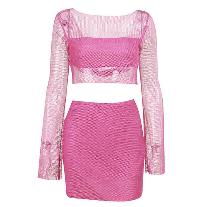Conjunto de falda de dos piezas con top de lentejuelas y manga larga de malla sexy para mujer