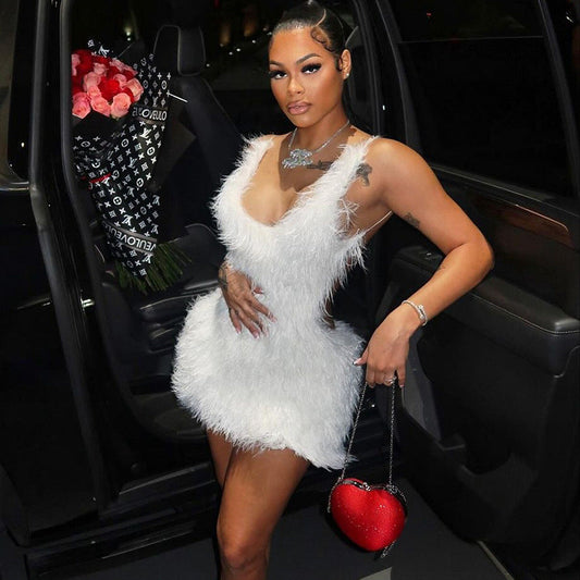 Women Clothing Sexy Hollow Out Cutout Out Backless Zipper Solid Color Furry Sling Sheath Dress Dress