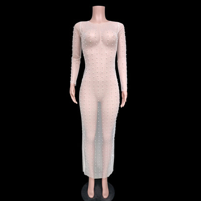Vestido playero sexy de malla con mangas largas y efecto burbuja de diamante transparente