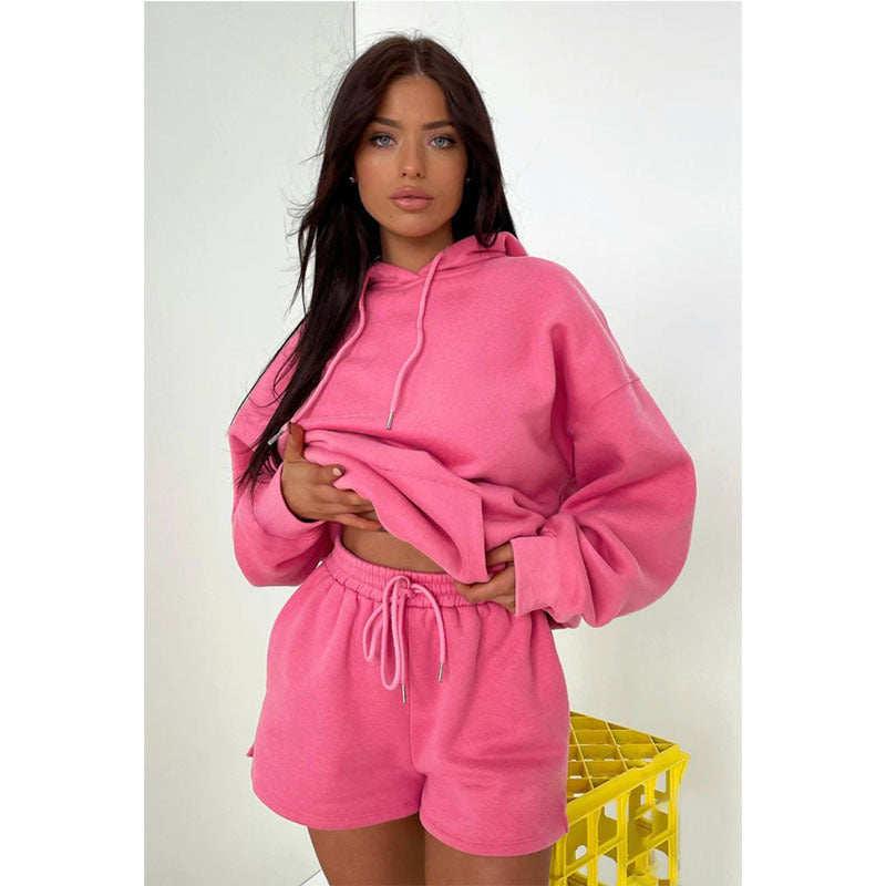 Suéter de manga larga con capucha y forro polar grueso de color liso para otoño e invierno, traje informal para mujer con pantalones cortos