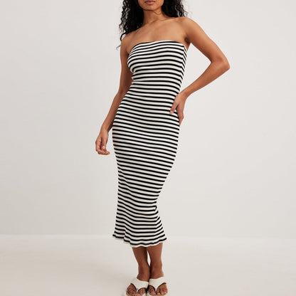 Vestido de vacaciones francés elegante vestido largo de punto verano rayas costura sexy vestido sin tirantes vestido largo