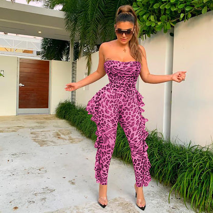 Mono sexy de fiesta con estampado de leopardo y parte superior transparente para mujer