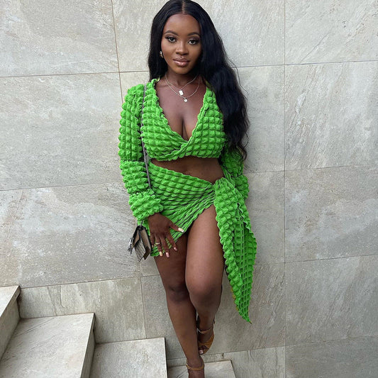 Women Streetwear Hollow Out Cutout Out cropped Bubble Set Rope Long Sleeve Short Dress Two Piece Set