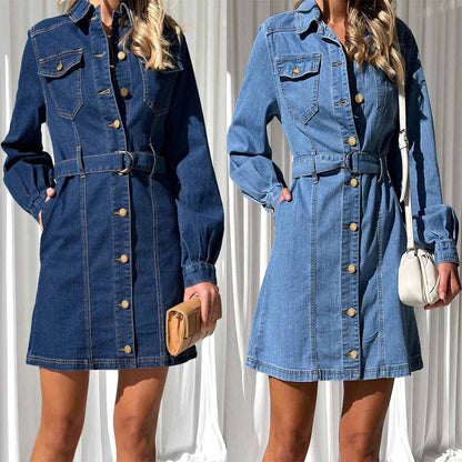 Vestido vaquero para mujer, otoño invierno, manga larga, lavado, para oficina