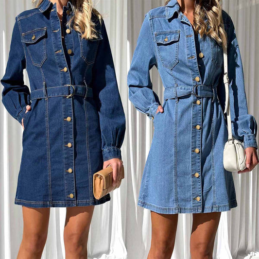 Denim Dress Women Autumn Winter Long Sleeved Denim Dress Washed Office Denim Dress