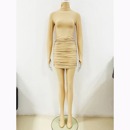 Star Rhinestone Stretch Turtleneck Bottoming Shirt Pleated Skirt Leggings