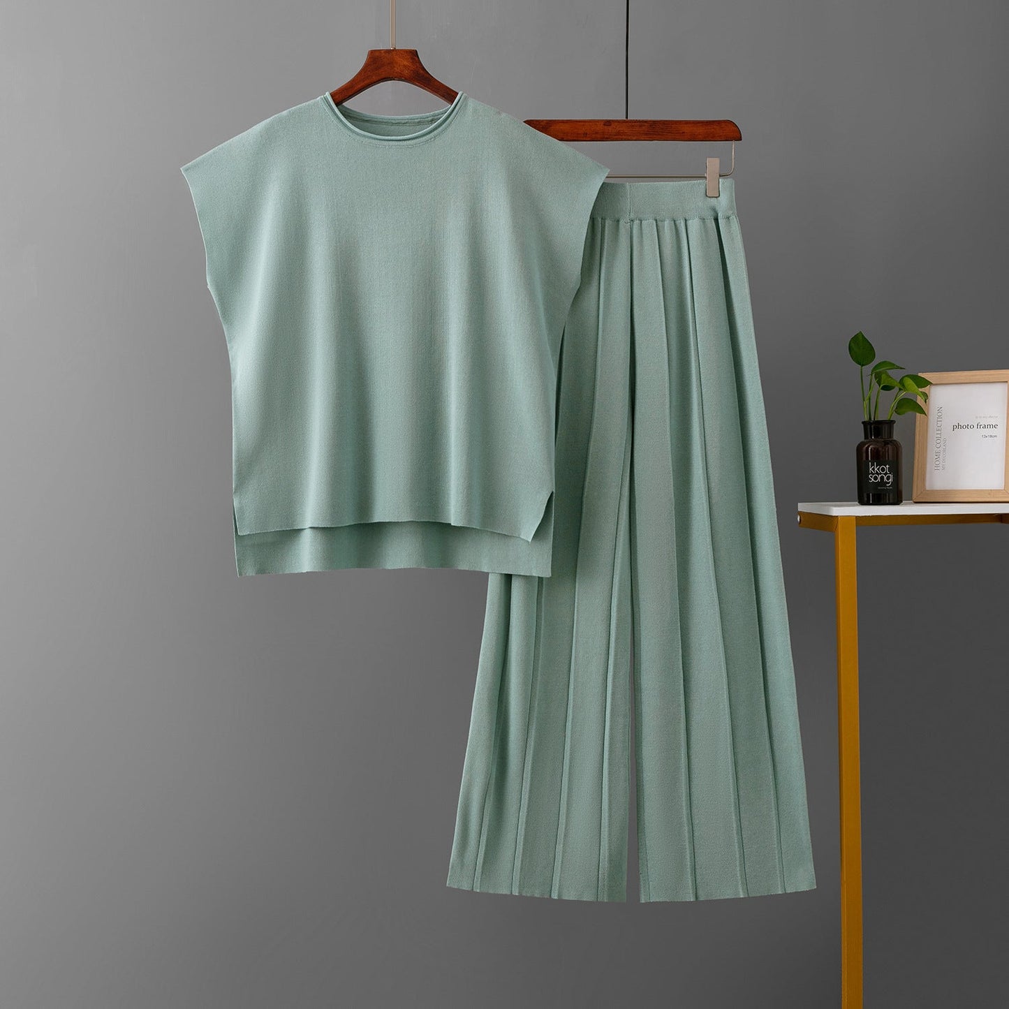 Conjuntos casuales de verano para mujer, chaleco sin mangas de color sólido, suéter, pantalones de pierna ancha de seda helada