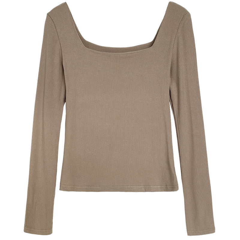 Camiseta de manga larga con cuello cuadrado para mujer, corte entallado, hombros descubiertos, cuello bajo, camiseta corta, parte inferior