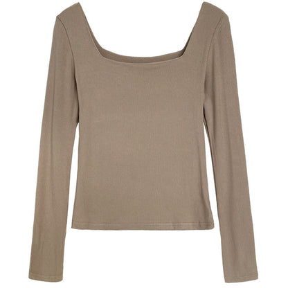 Camiseta de manga larga con cuello cuadrado para mujer, corte entallado, hombros descubiertos, cuello bajo, camiseta corta, parte inferior