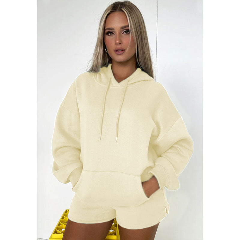 Suéter de manga larga con capucha y forro polar grueso de color liso para otoño e invierno, traje informal para mujer con pantalones cortos