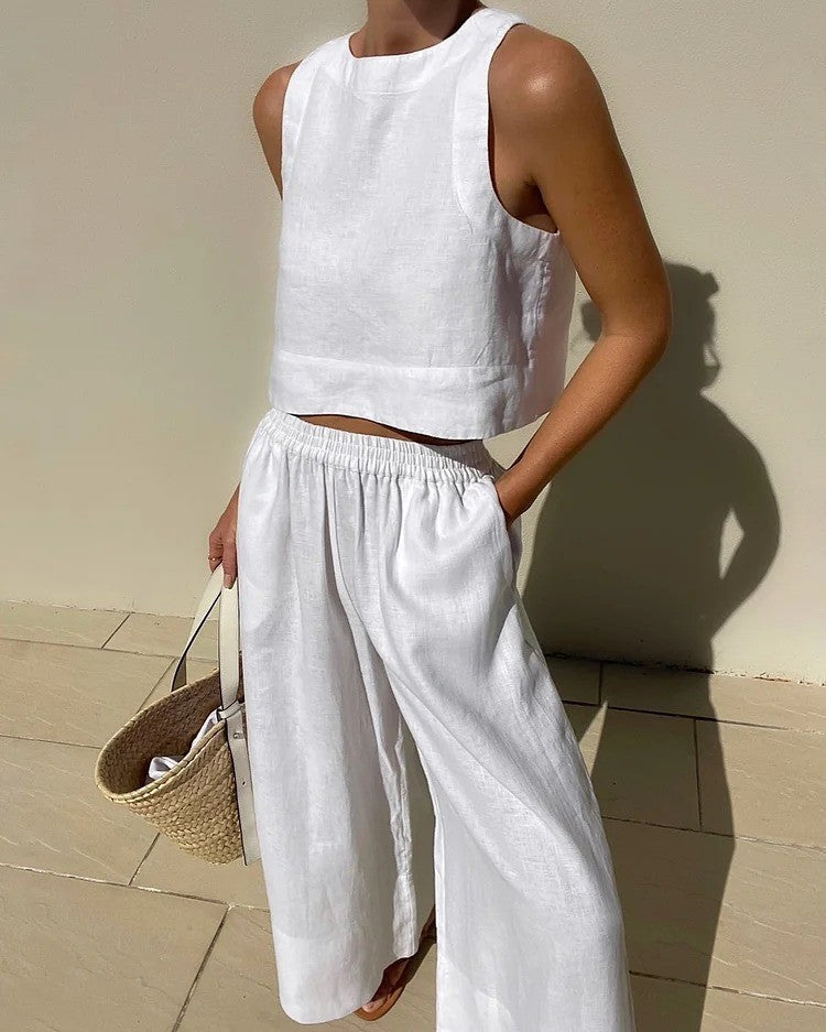 Conjunto de dos piezas de camisa y pantalones holgados de color liso sin mangas y estilo casual de talla grande