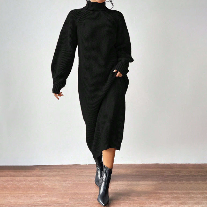 Ropa de mujer Jersey de lana Cuello alto Manga larga Vestido de punto Color sólido Vestido interior largo