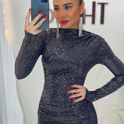 Vestido ajustado de manga larga, sexy, ajustado y elegante con diseño de lentejuelas para mujer
