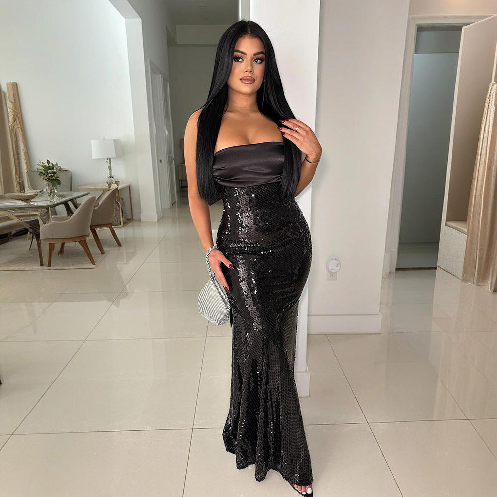 Vestido tubo sexy con costuras de satén y lentejuelas, vestido de cola de pez para mujer