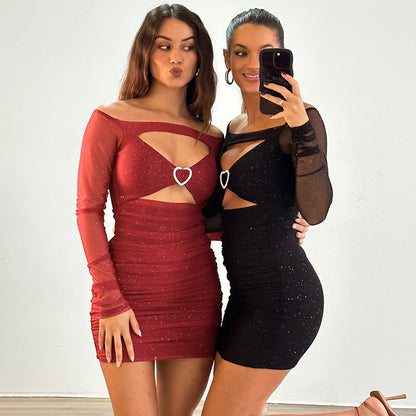 Vestido sexy de mujer con hombros descubiertos, de malla, manga larga, con costuras y aberturas en la cadera