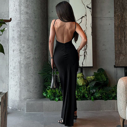 Vestido de primavera para mujer, sexy, ajustado, sin espalda, con tirantes y color liso.