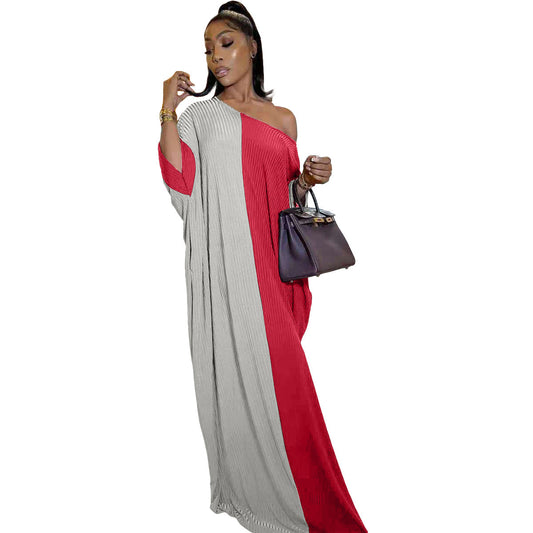 Sexy Loose Stitching Contrast Color Sloping Shoulder Dress