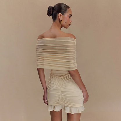 Vestido ajustado sin tirantes con volantes en la cadera y malla para mujer